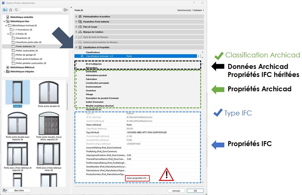 Propriétés IFC et Archicad dans une porte sélectionnée