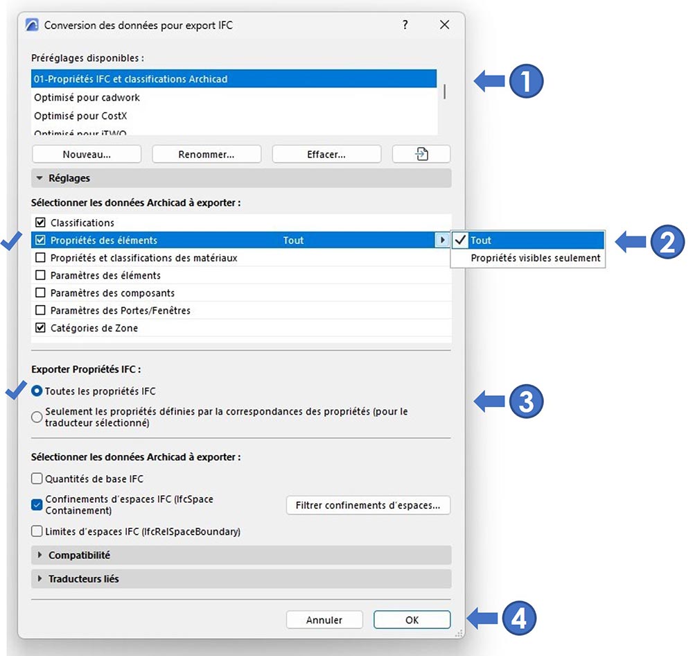 Propriétés des éléments Archicad et propriétés IFC