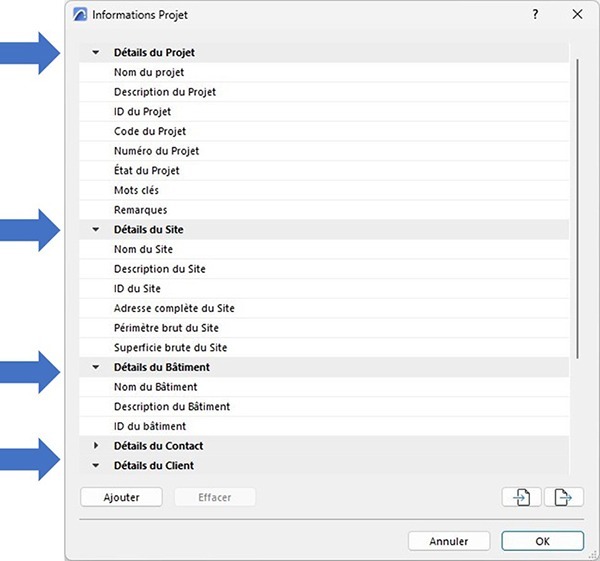 Informations de projet dans Archicad