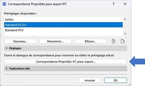 Correspondance des Propriétés IFC pour export