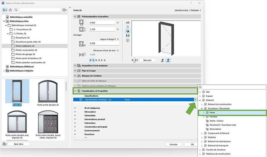 Classification BiM d'une porte sur Archicad