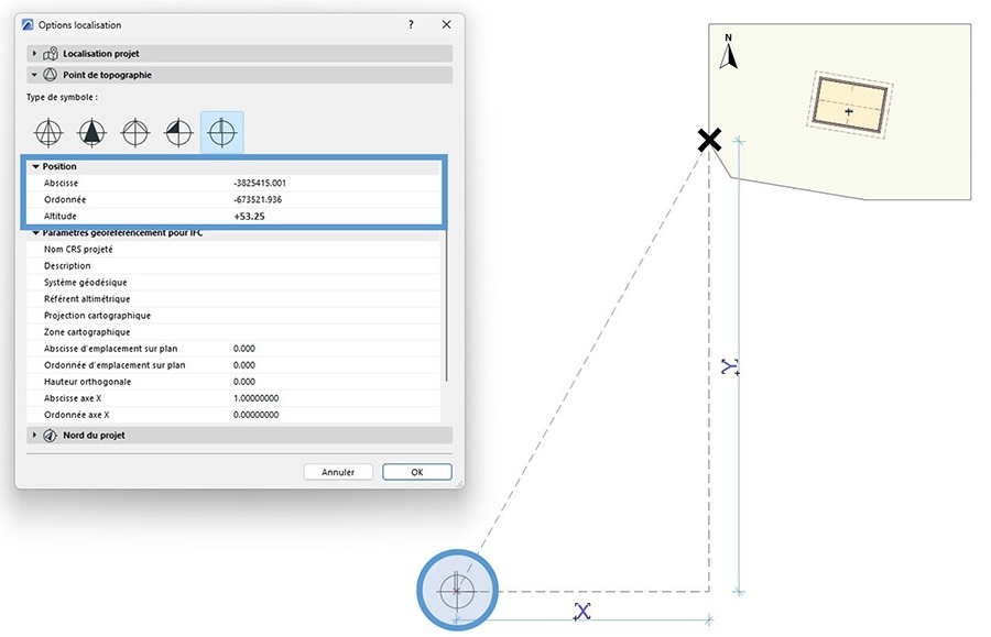 Positionnement du point de topographie et renseignements BiM pour le géoréférencement sur Archicad