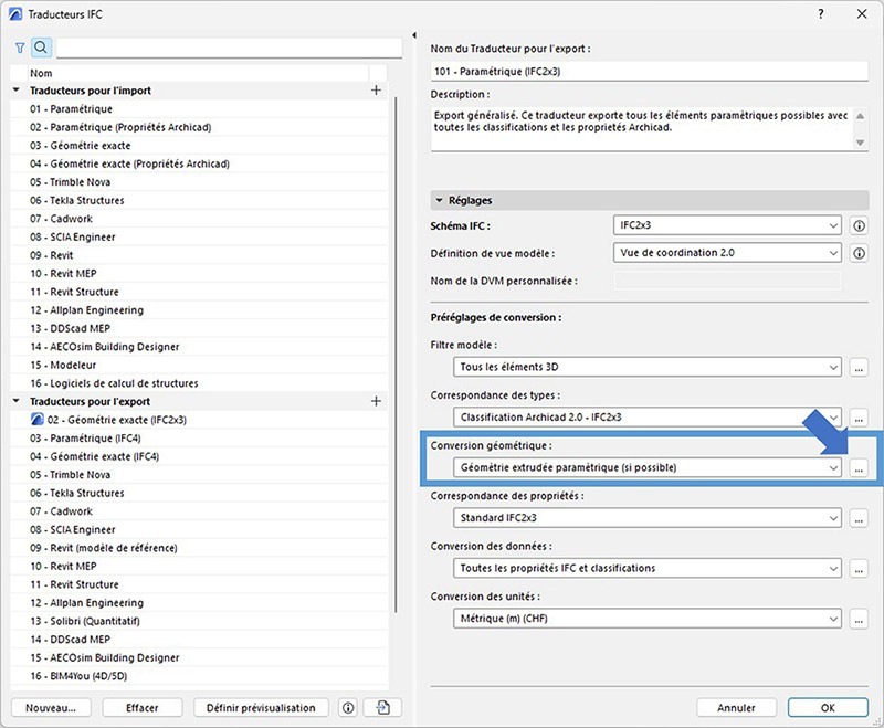 Réglages des conversions géométriques dans le traducteur IFC 