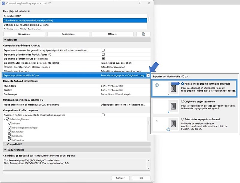 Sélection du point de topographie à exporter pour le géoréférencement BiM sur Archicad