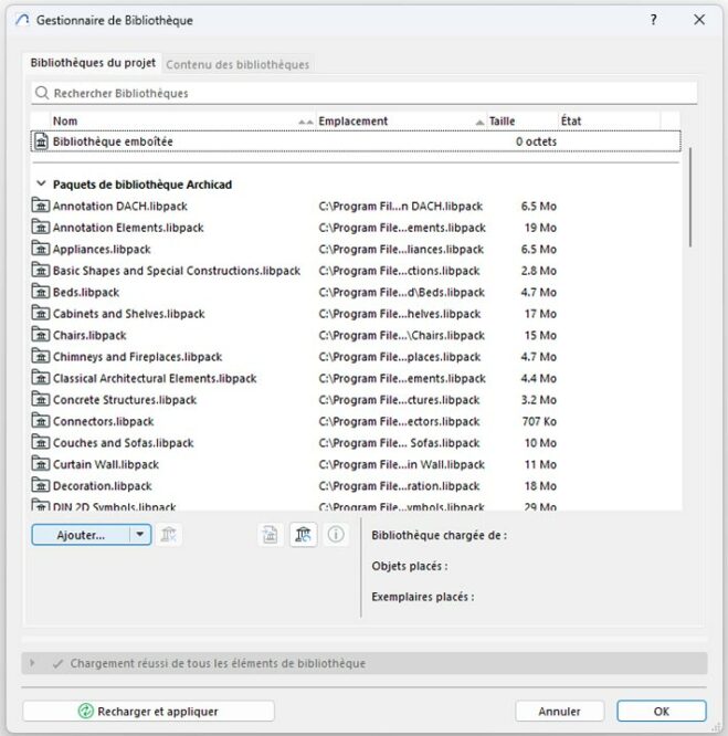 Gestionnaire des bibliothèques dans Archicad 28 et versions ultérieures.