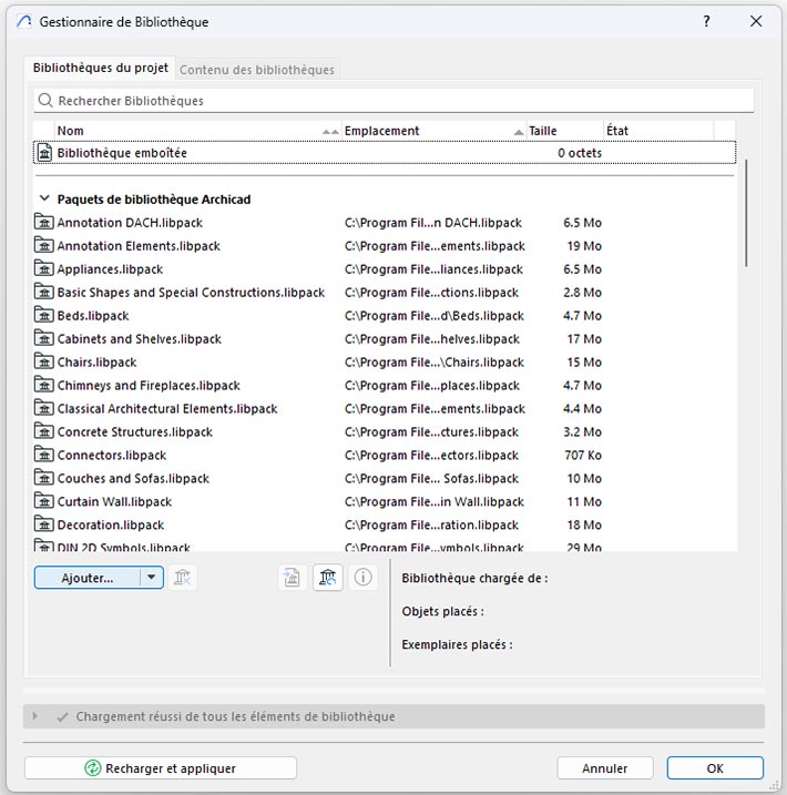 Gestionnaire des bibliothèques dans Archicad 28 et versions ultérieures.