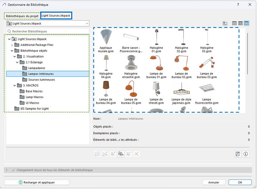 Contenu d'un paquet de bibliothèque globale d'Archicad