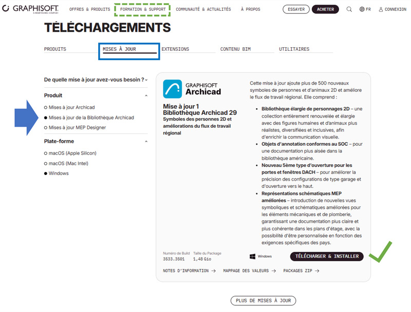 Téléchargement de la mise à jour depuis Archicad.