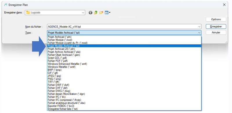 Enregistrez-sous > Fichier modèle Archicad (.tpl)