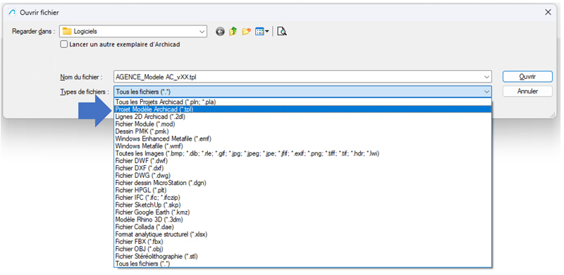 Ouvrir un fichier modèle TPL Archicad
