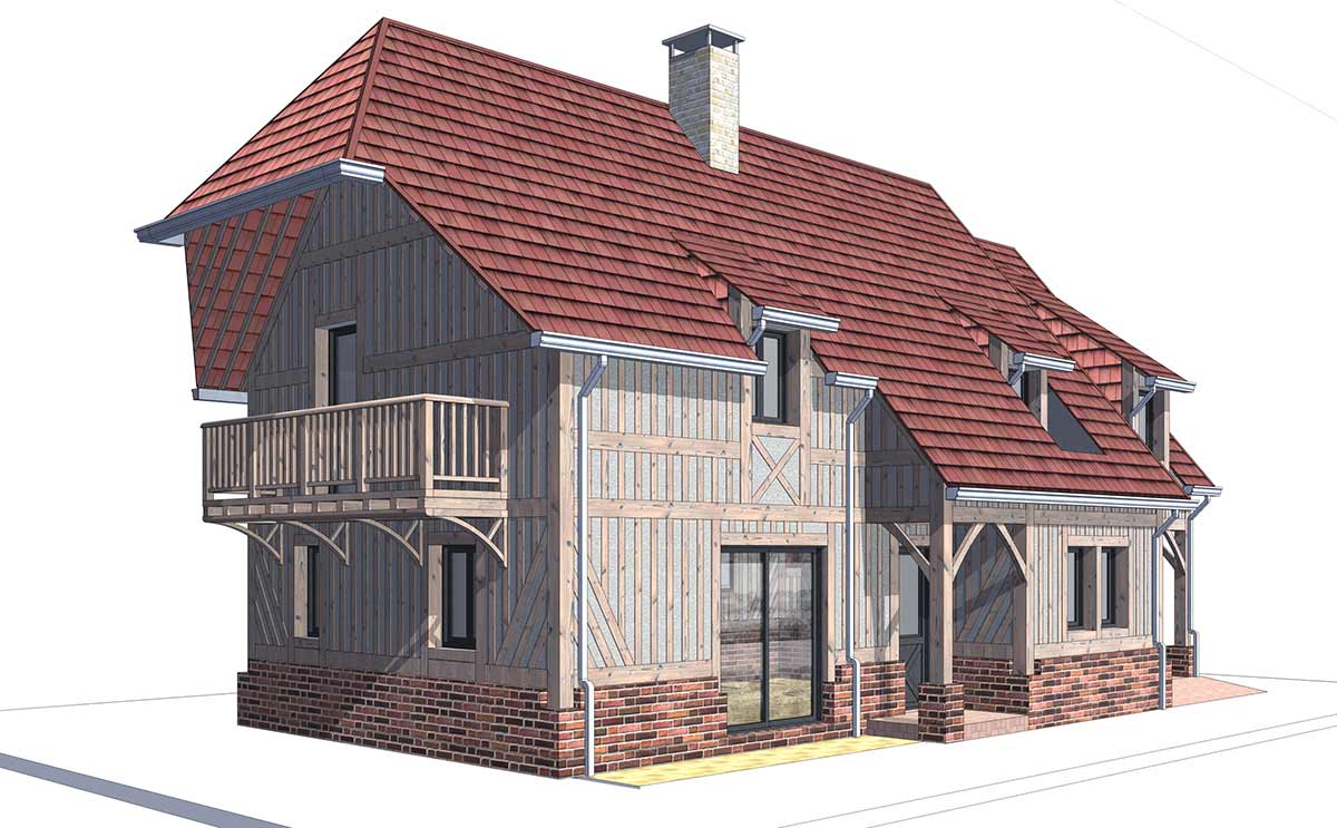 Perspective d'une maison à colombages.