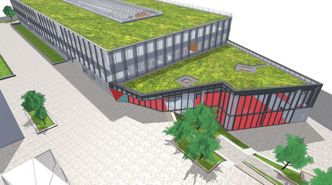 Rendu brut 3D en vue extérieure aérienne d'un projet d'architecture.