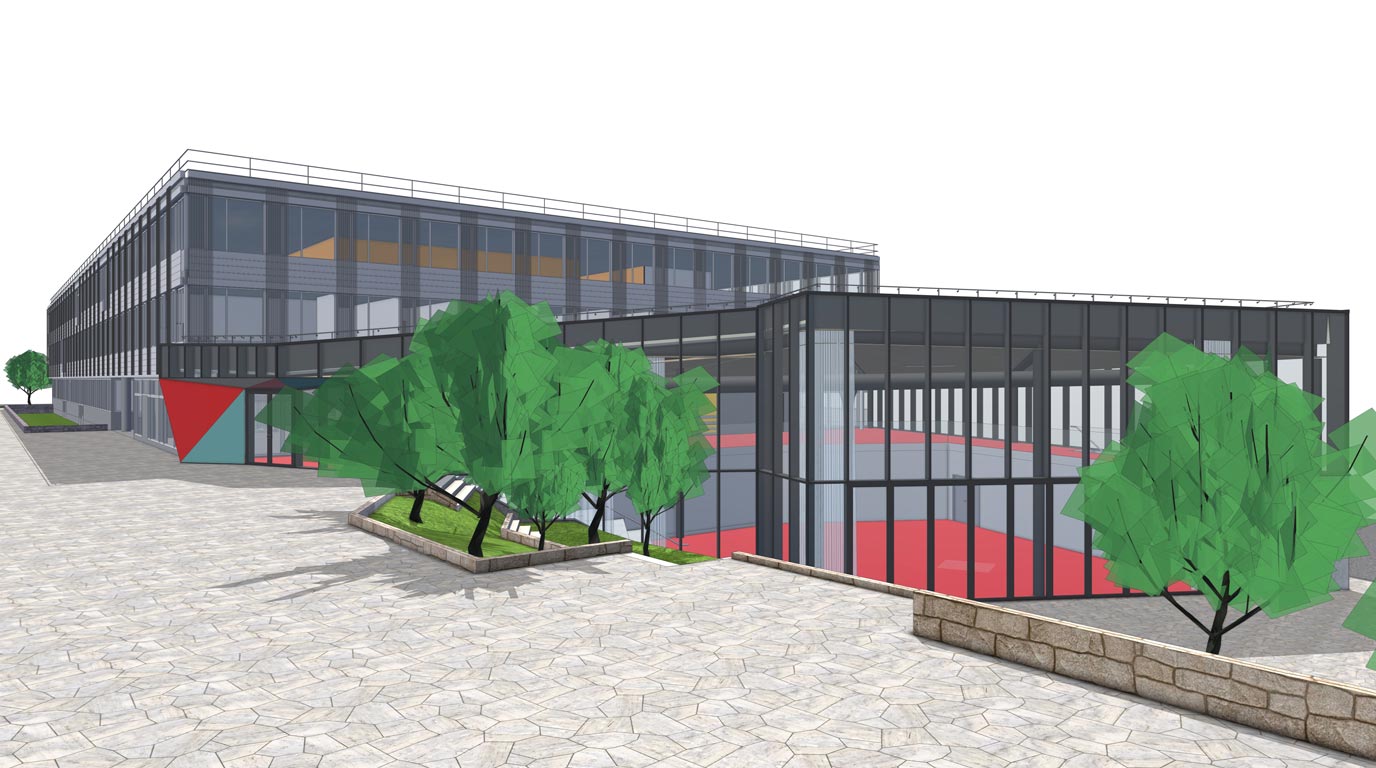 Rendu brut 3D d'une vue extérieure en partie haute d'un projet d'architecture.