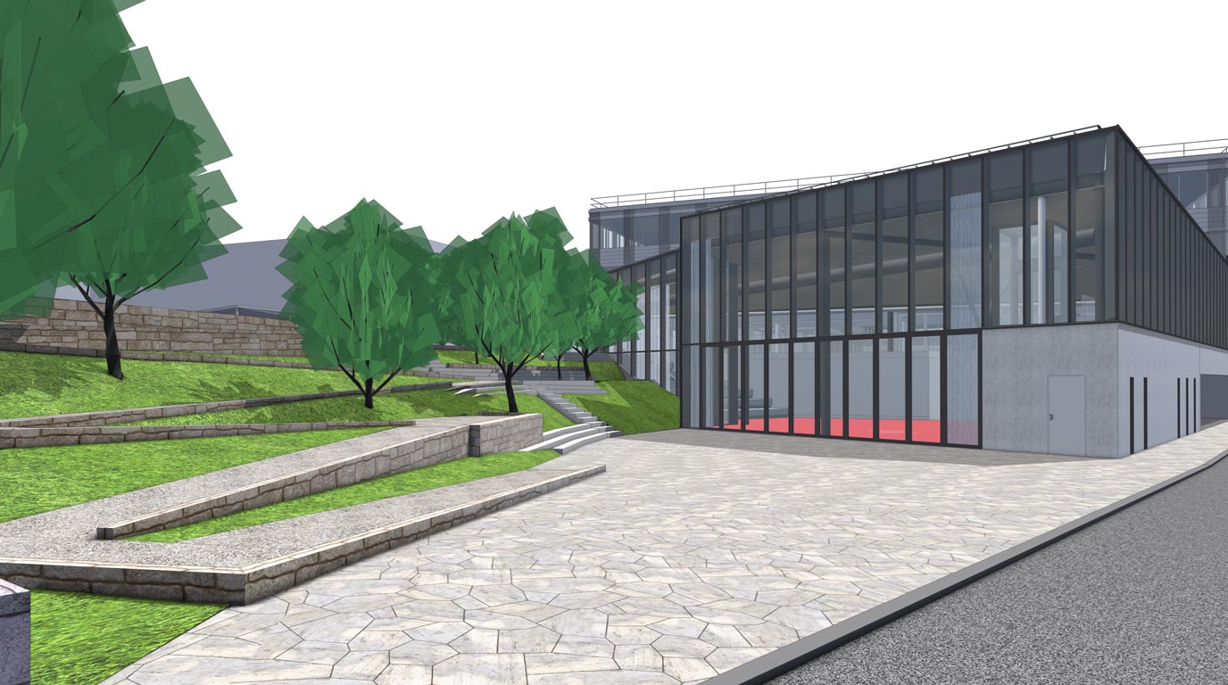 Rendu brut 3D en partie basse et vue du sol d'un projet d'architecture.