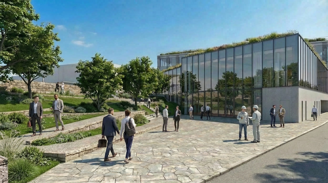 Rendu IA vue du sol d'un projet d'architecture.