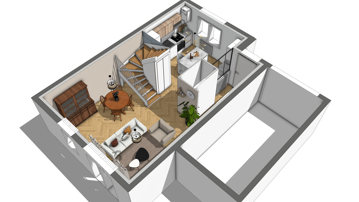 Rez-de-Chaussée d'un projet d'aménagement par un architecte d'intérieur.
