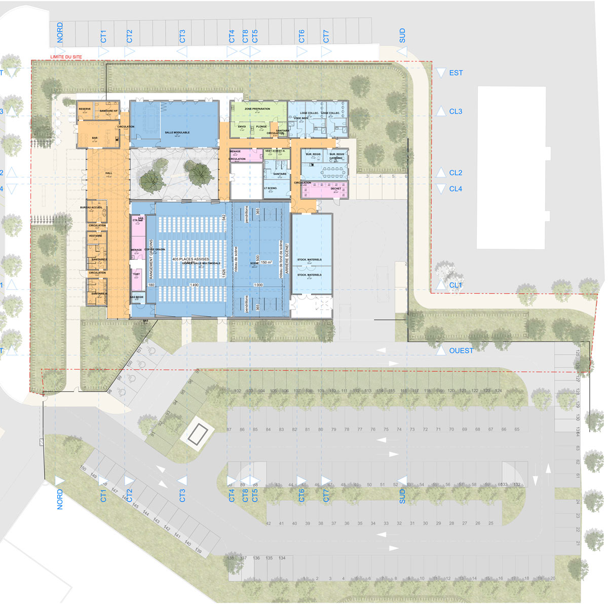 Rendu d'un plan 2D. Rez-de-Chaussée et des abords d'un projet d'architecture.