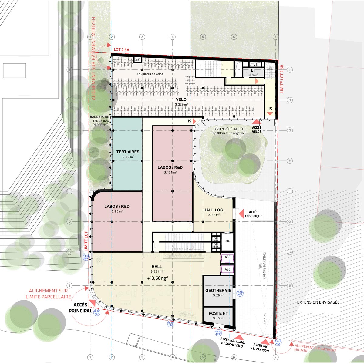 Rendu d'un plan 2D. Rez-de-Chaussée d'un projet d'architecture.