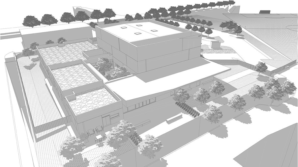 Axonométrie aérienne d'un projet d'architecture.