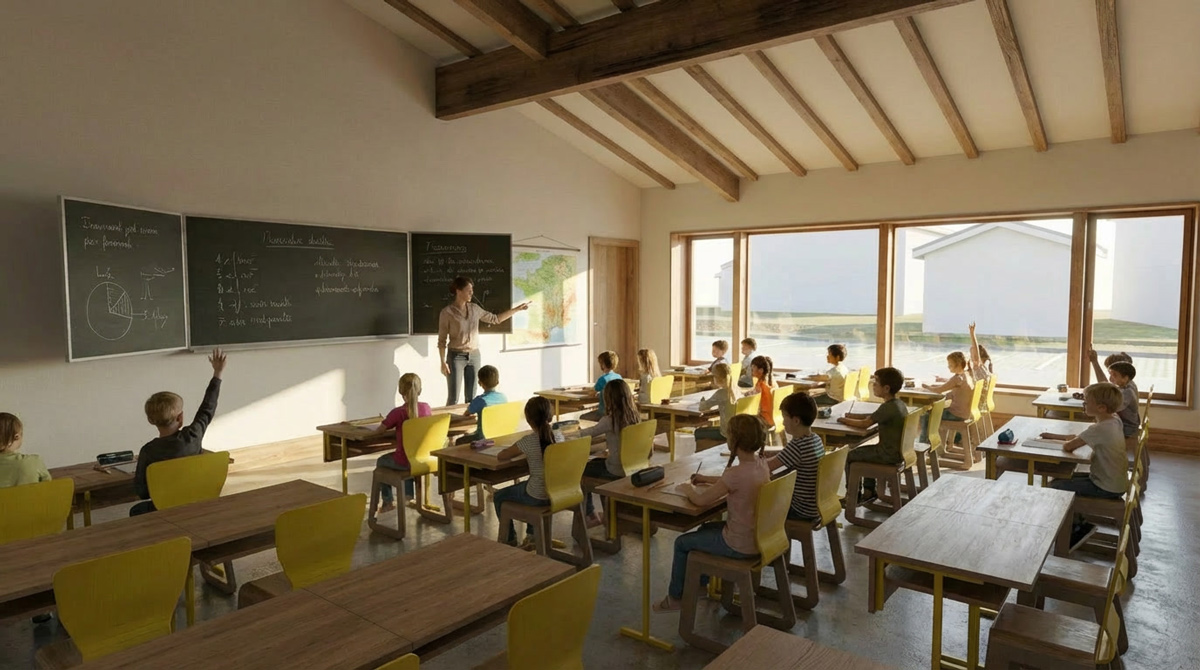 2ème rendu IA d'une salle de classe animée d'un projet d'architecture pour la construction d'une école.