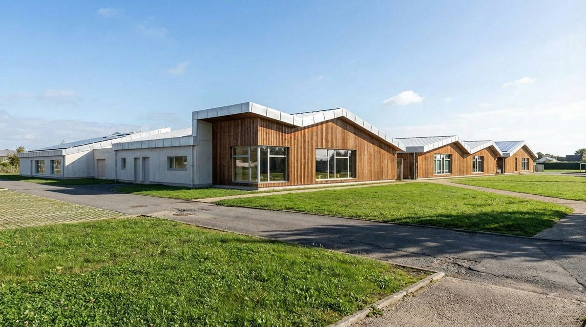 Rendu IA d'un projet d'architecture inscrit dans son environnement.