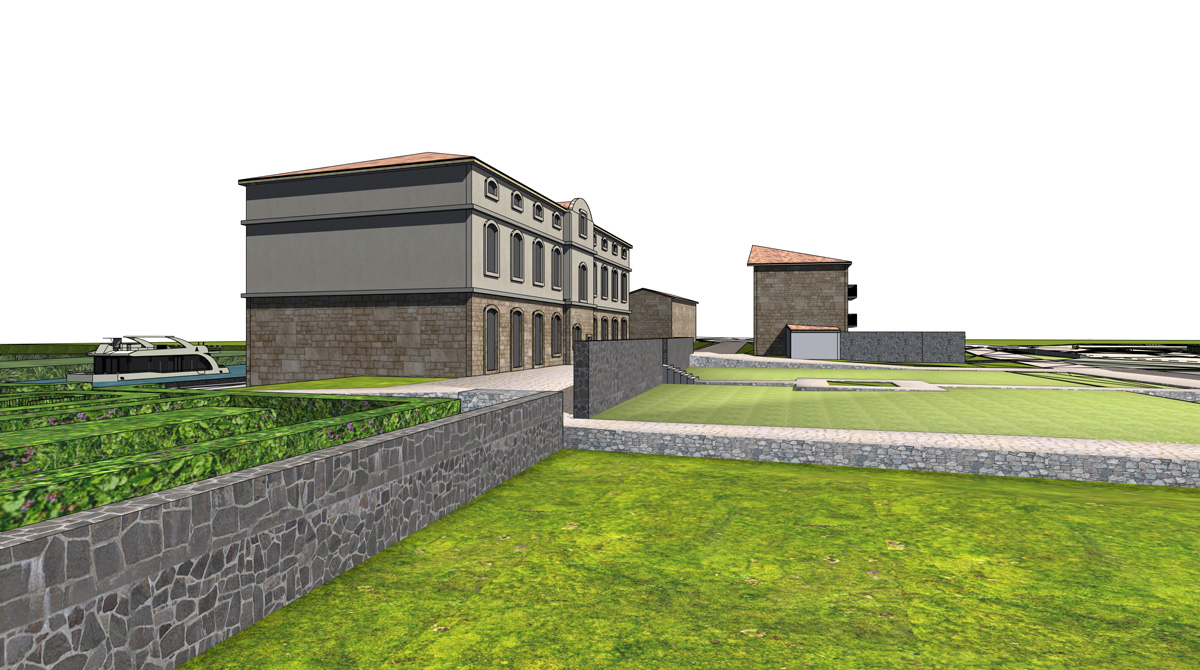 Rendu brut 3D du bâtiment et de son paysage.