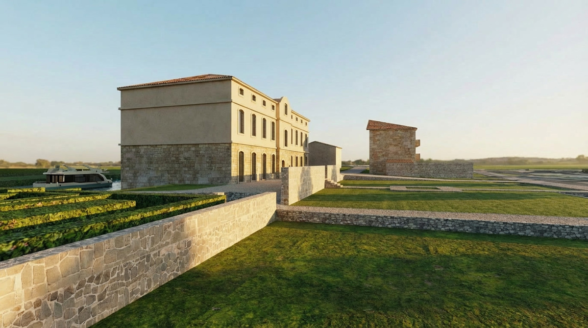 Rendu IA du bâtiment et de son paysage.