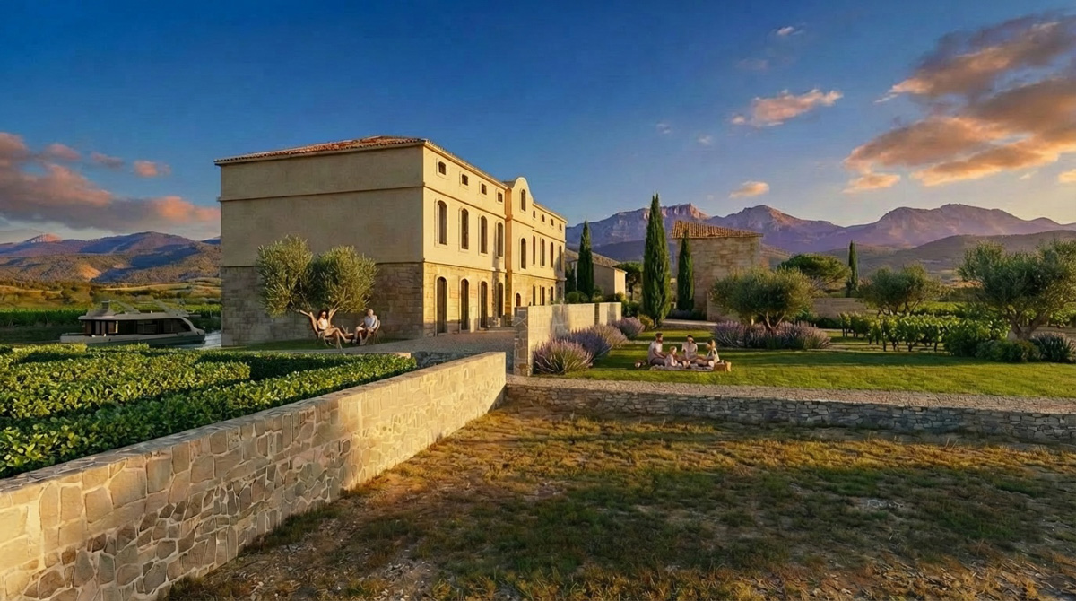 Rendu IA d'un projet d'architecture et de son paysage, inspiré de " Le sud " de Nino Ferrer.