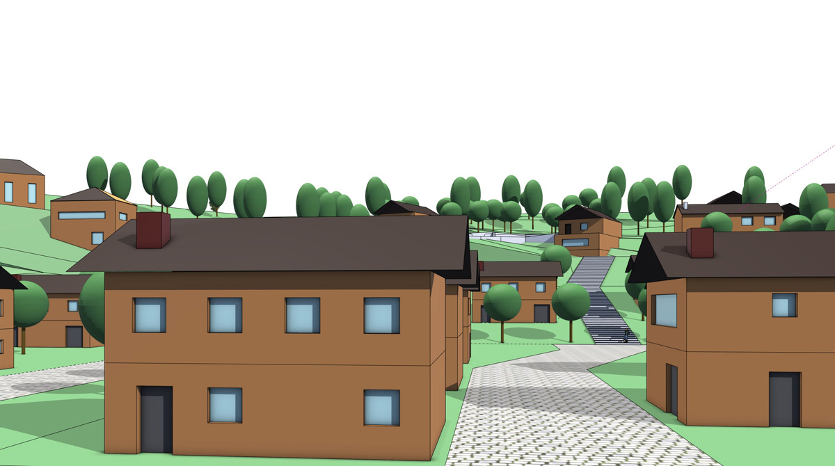 Rendu brut 3D d'une zone d'habitation sur fond blanc.