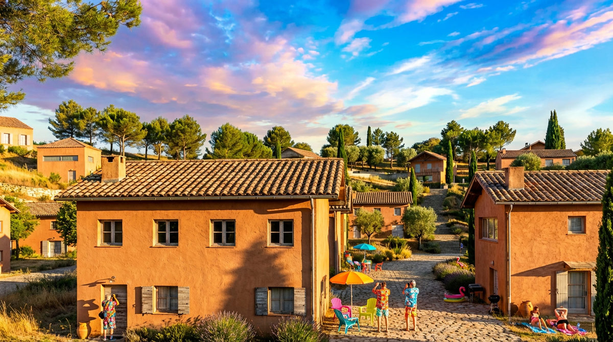 Rendu IA d'une zone d'habitation, inspiré du photographe anglais Martin Parr.