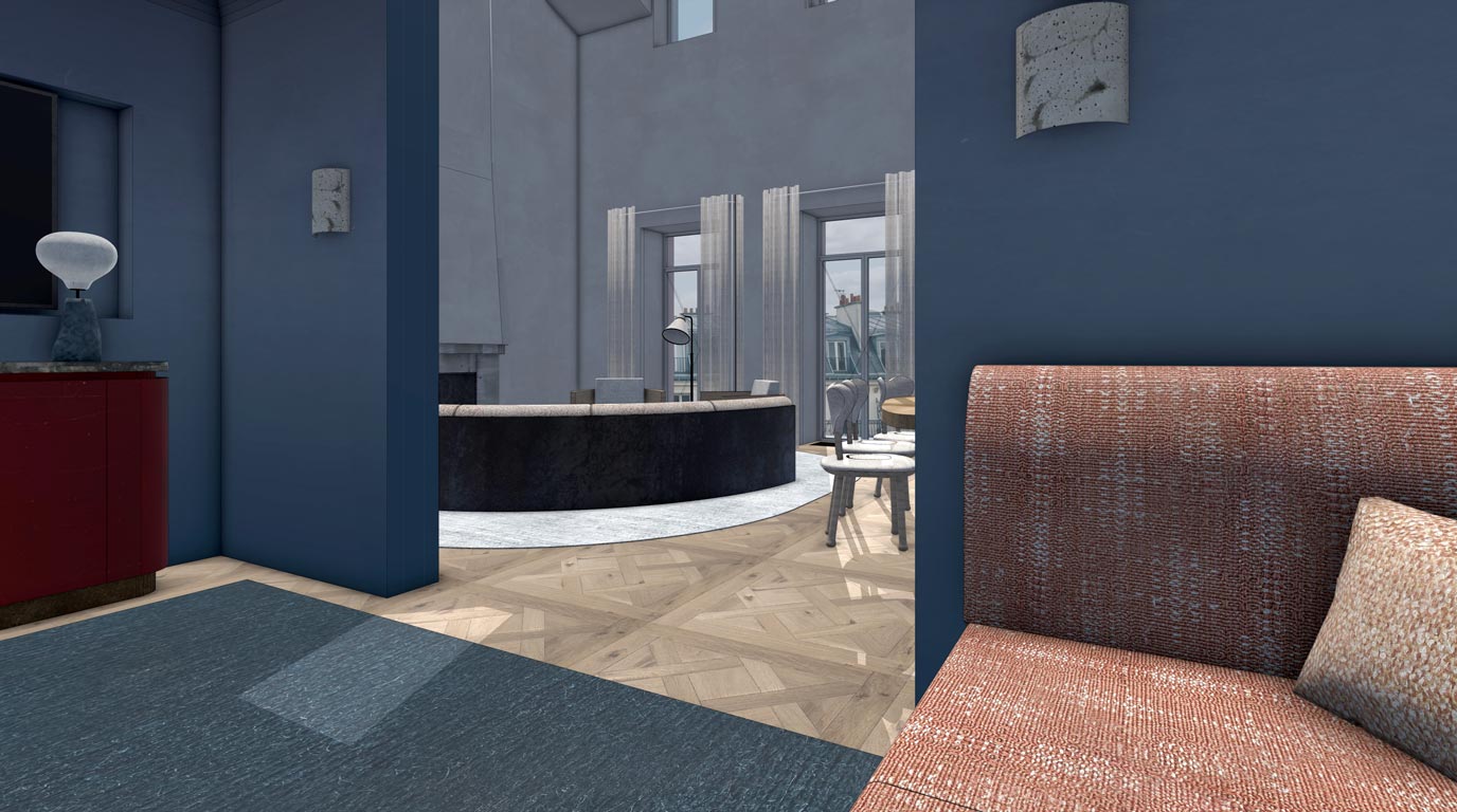 Rendu brut 3D de la salle TV d'un appartement en duplex pour un projet d'architecture intérieur.