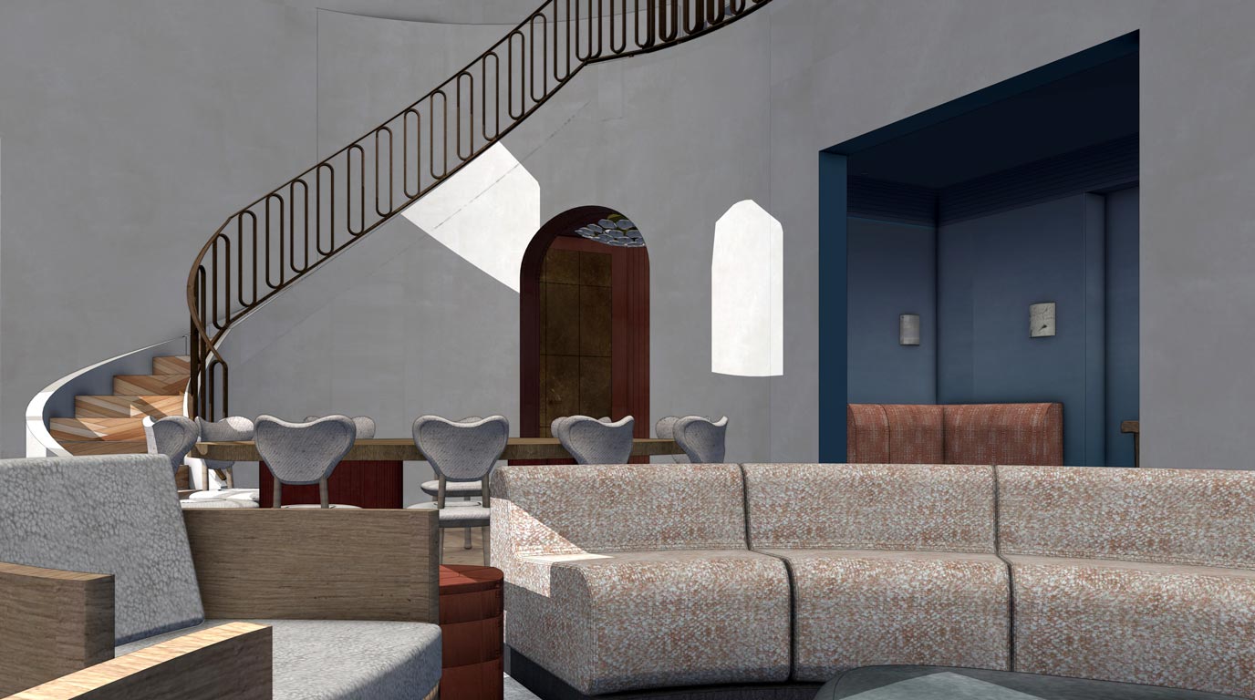 Rendu brut 3D d'une vue intérieure, de la salle à manger d'un appartement en duplex pour un projet d'architecture intérieur.