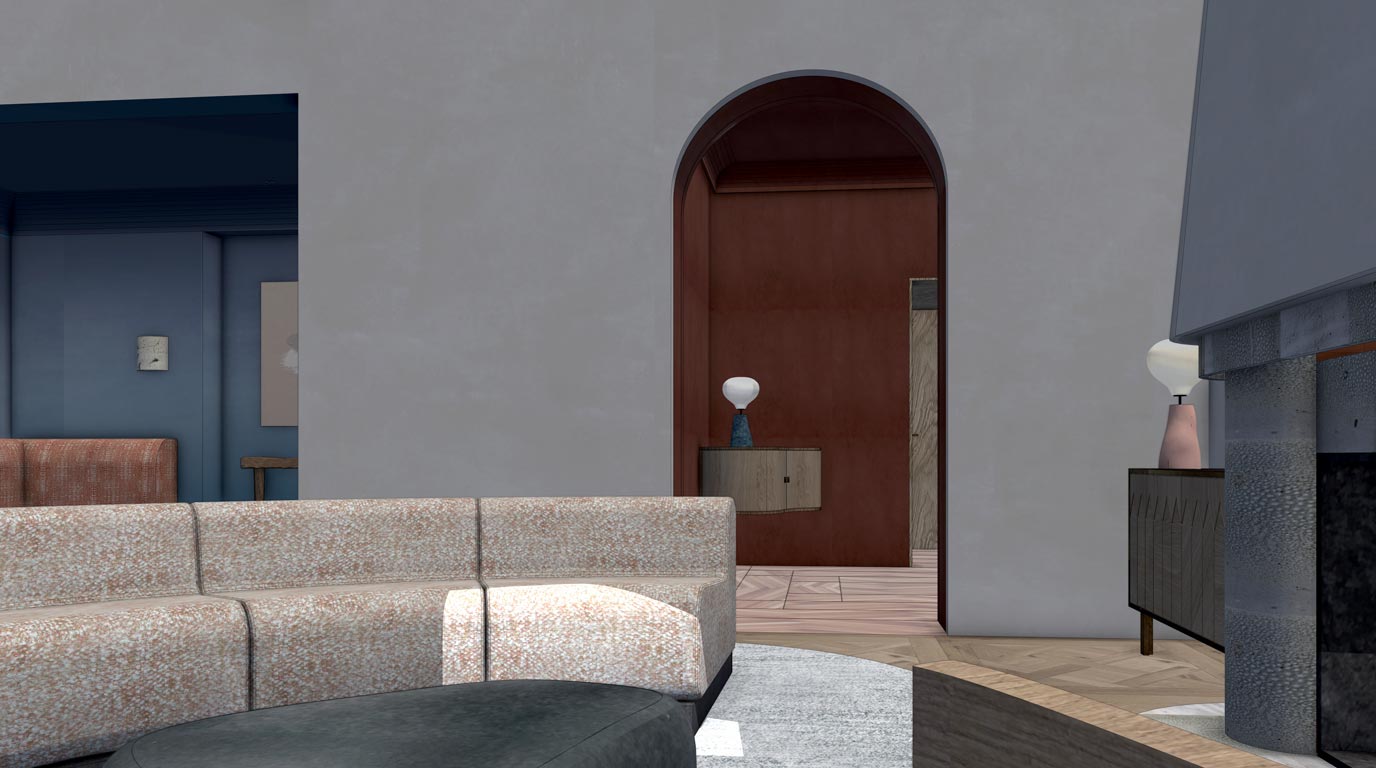 Rendu brut 3D du salon d'un appartement en duplex pour un projet d'architecture intérieur.