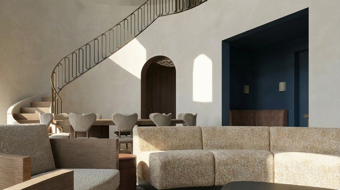 Rendu IA de la salle à manger d'un projet d'architecture d'intérieur.