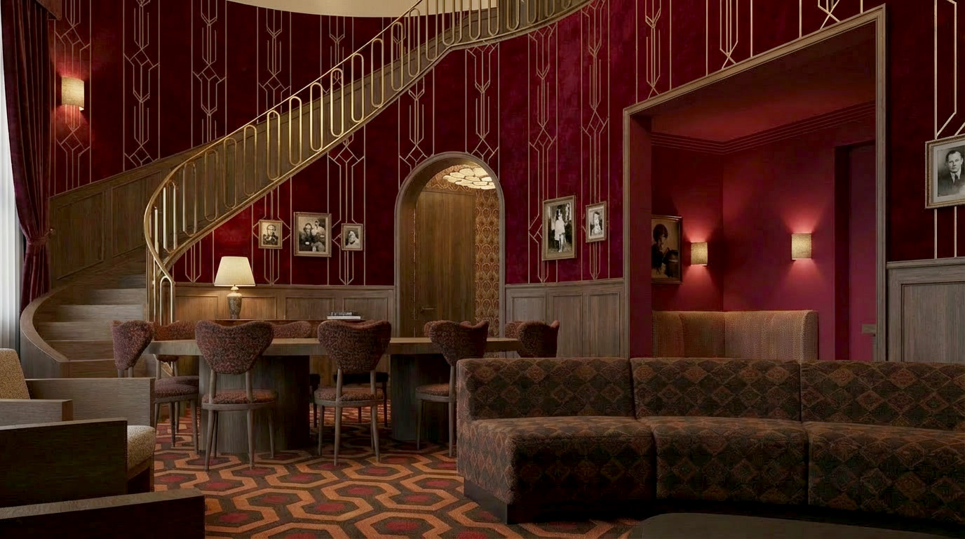 Rendu IA de la salle à manger, inspiré du Film Shining.