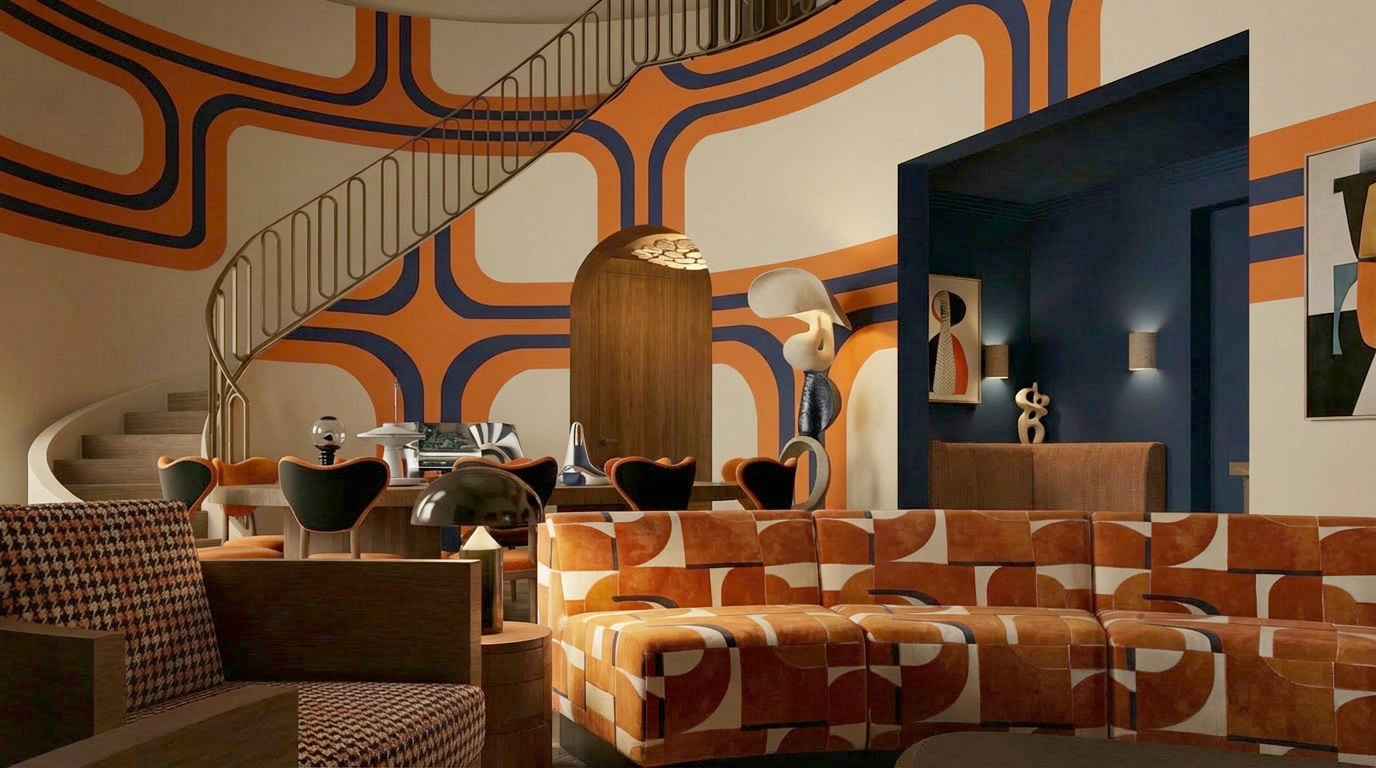 Rendu IA de la salle à manger, inspiré du Film Orange Mécanique.