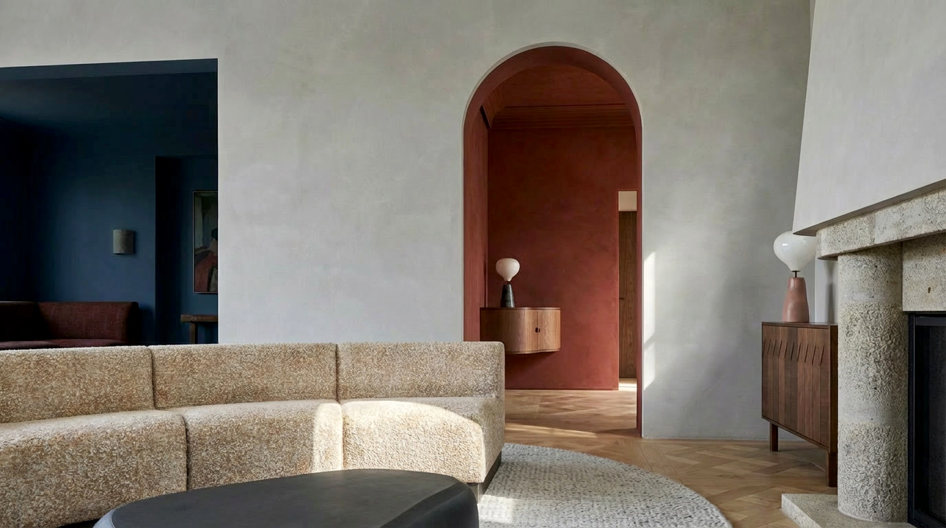 Rendu IA du salon d'un projet d'architecture d'intérieur.