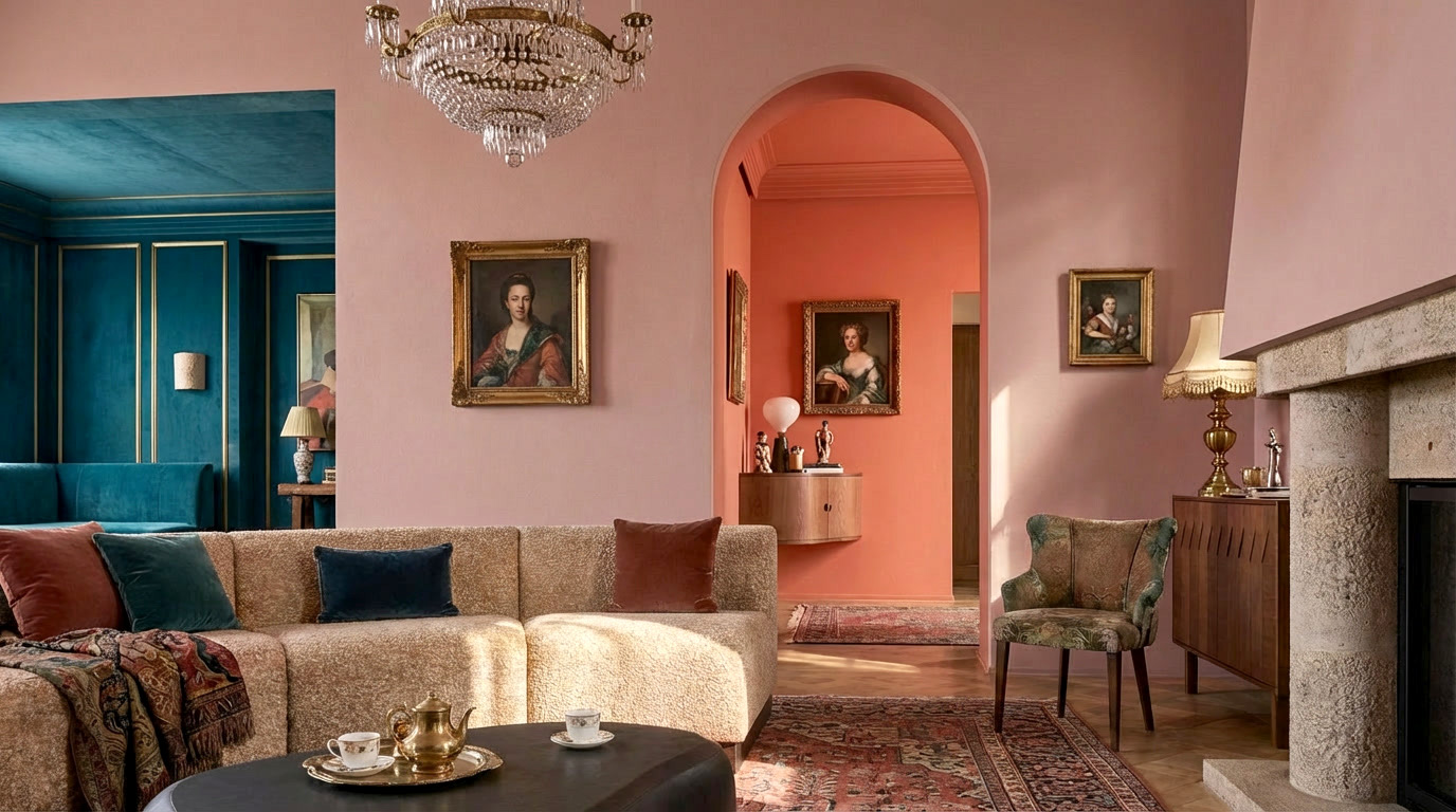 Rendu IA du salon, inspiré du Film Grand Budapest Hotel.