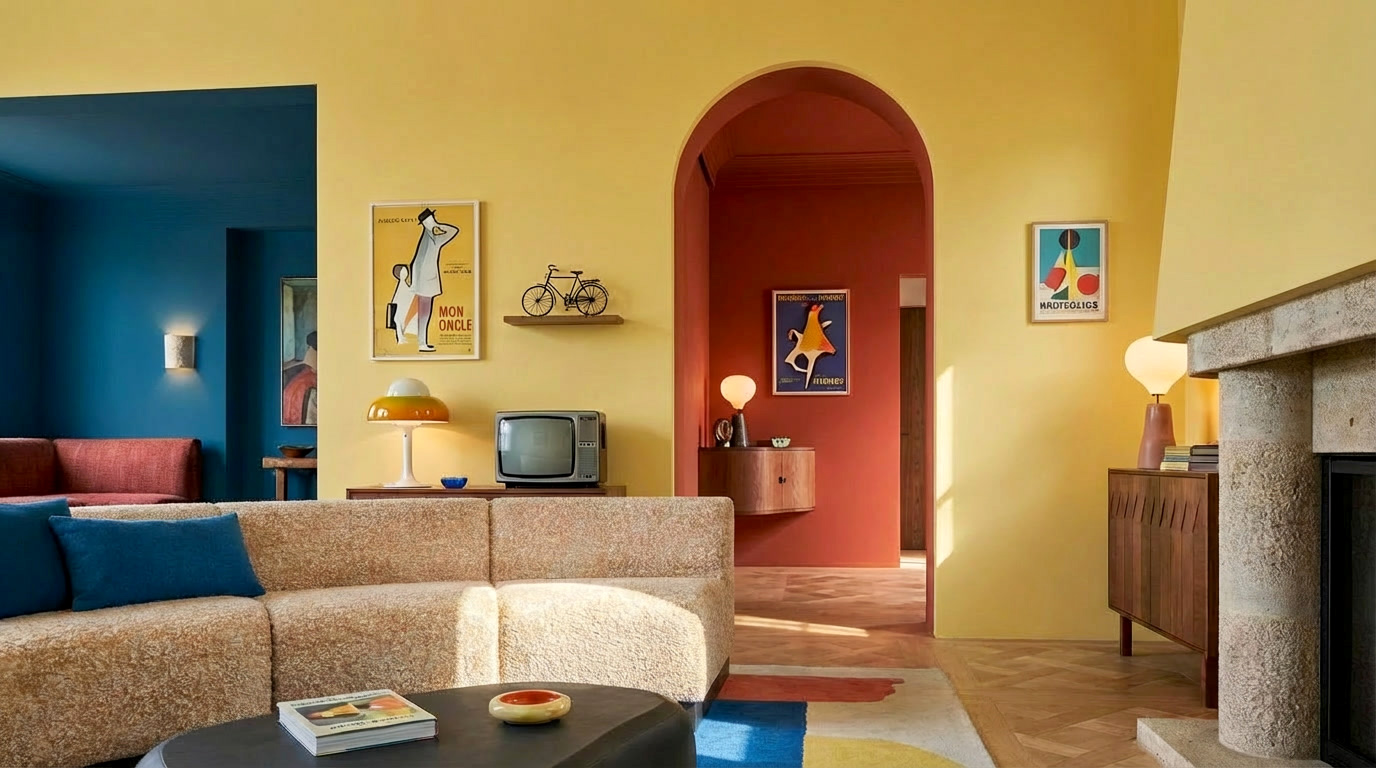 Rendu IA du salon, inspiré du Film Mon oncle.